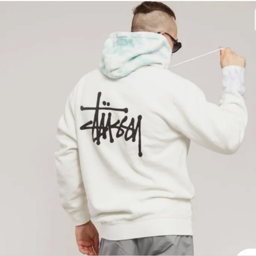 Stussy White Hoodie with Black Logo and Light Blue Tie-Dye Hood